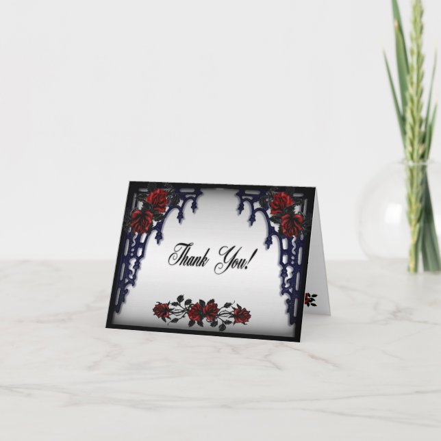 Röd ros gotisk bröllopsjärngrind Tack Kort (Framsida)
