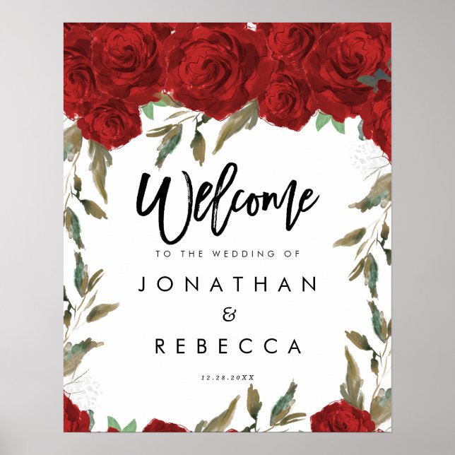 röd ros grey bröllop välkomstskylt poster (Framsidan)