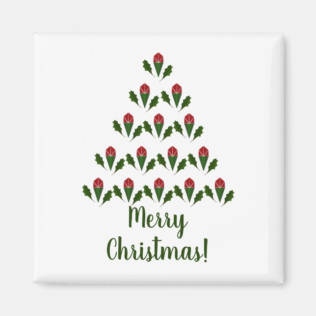 Röd ros & Grönt Holly Julgran jul Magnet (Framsidan)