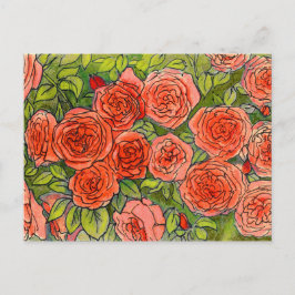 Röd ros, Grönt Löv Ro Garden Blommigt Sketch Vykort