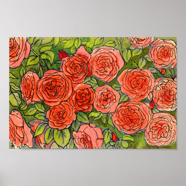 Röd ros, Grönt Löv Ro Garden Sommarblomman Poster (Framsidan)