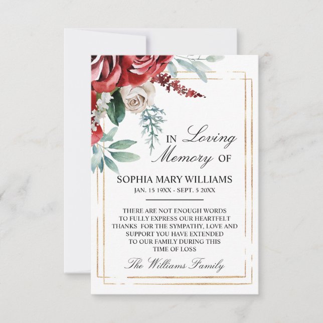 Röd ros & Grönt Löv Sympathy Memory Tack Kort (Framsida)