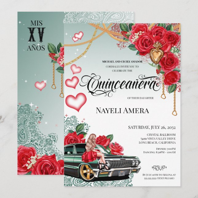 Röd ros Grönt Lowrider Mexicana Chola Quinceañera Inbjudningar (Fram/baksida)