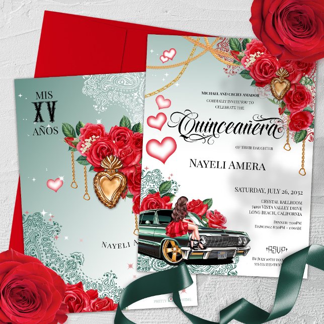Röd ros Grönt Lowrider Mexicana Chola Quinceanera Inbjudningar (Skapare uppladdad)