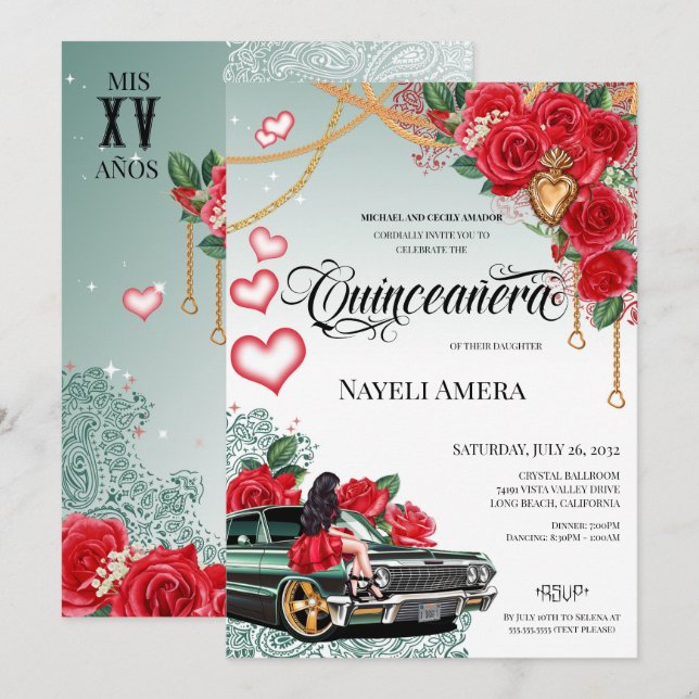 Röd ros Grönt Lowrider Mexicana Quince Birthday Inbjudningar (Fram/baksida)