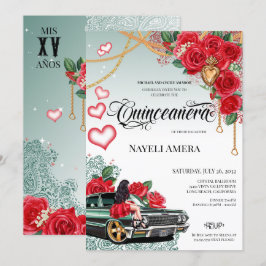 Röd ros Grönt Lowrider Mexicana Quince Birthday Inbjudningar