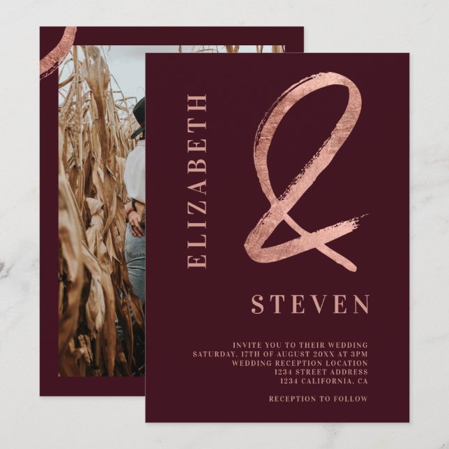 Röd ros guld ampersand namn fotot bröllop inbjudningar (Fram/baksida)