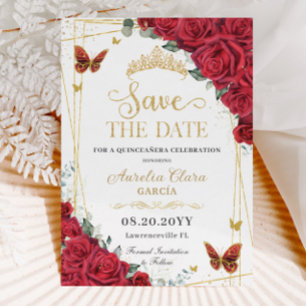 Röd ros Guld Butterflies Quinceanera Sweet 16 Spara Datumet