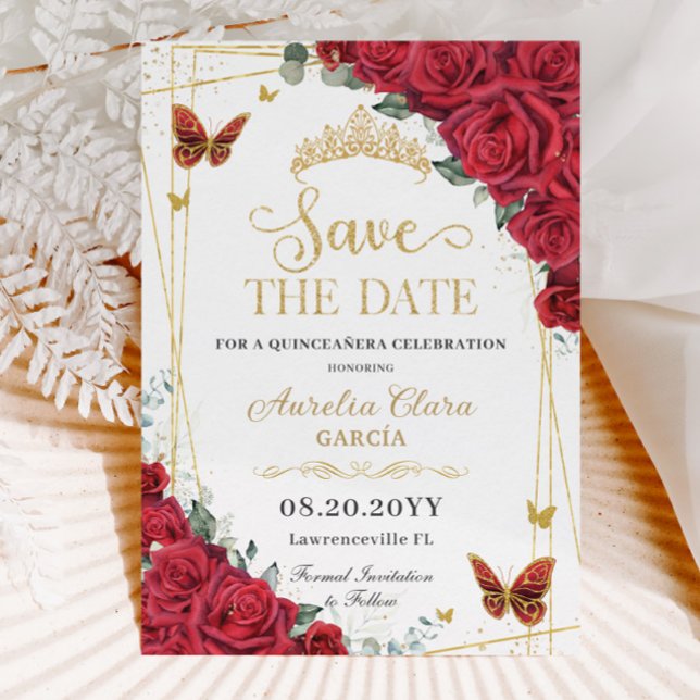 Röd ros Guld Butterflies Quinceanera Sweet 16 Spara Datumet (Skapare uppladdad)