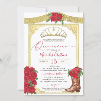Röd ros & Guld Charra Blommigt Boot Quinceanera in Inbjudningar