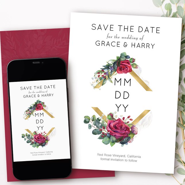 Röd ros Guld Diamond Geometric Ram Spara Datumet (Modern Save the Date from my Red Rose and Eucalyptus collection)