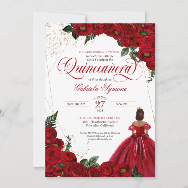 Röd ros & Guld Elegant Gown Quinceañera Inbjudningar (Framsida)