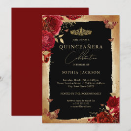Röd Ros Guld Elegant Quinceanera Inbjudan