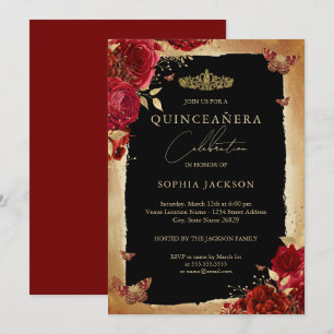 Röd Ros Guld Elegant Quinceanera Inbjudan