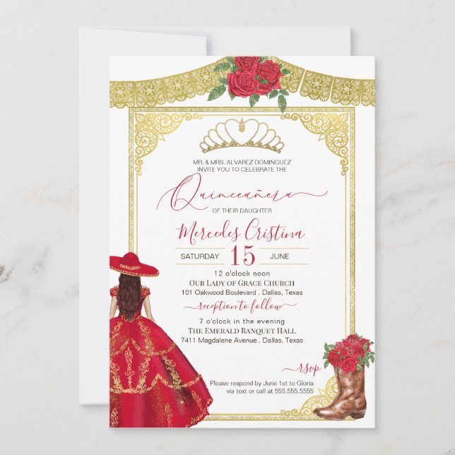 Röd ros Guld Elegant Western Charro Quinceanera Inbjudningar (Framsida)
