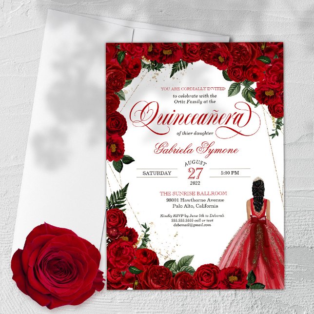 Röd ros & Guld Finare Red Boll Gown Quinceañera I Inbjudningar (Skapare uppladdad)