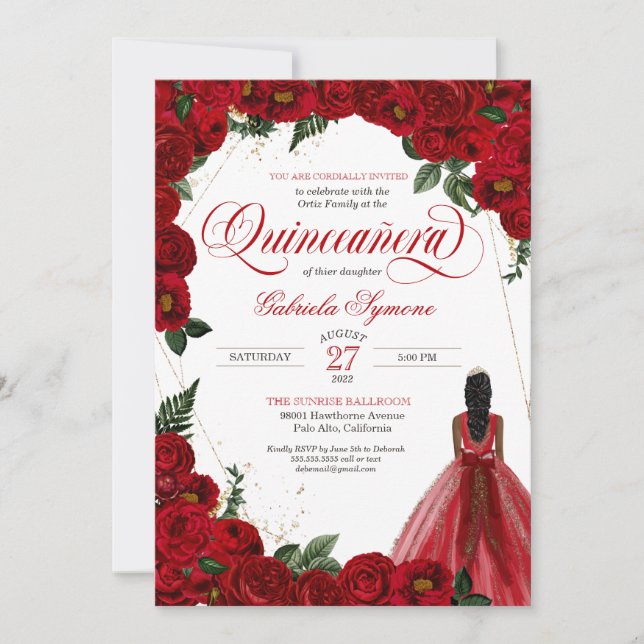 Röd ros & Guld Finare Red Boll Gown Quinceañera I Inbjudningar (Framsida)