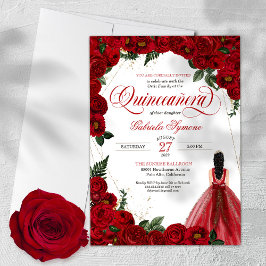 Röd ros & Guld Finare Red Boll Gown Quinceañera Inbjudningar