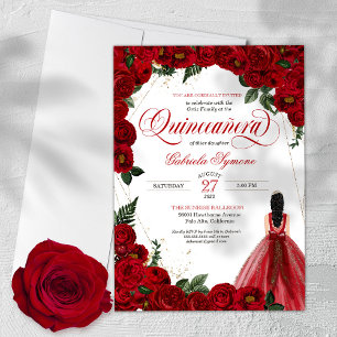 Röd ros & Guld Finare Red Boll Gown Quinceañera Inbjudningar