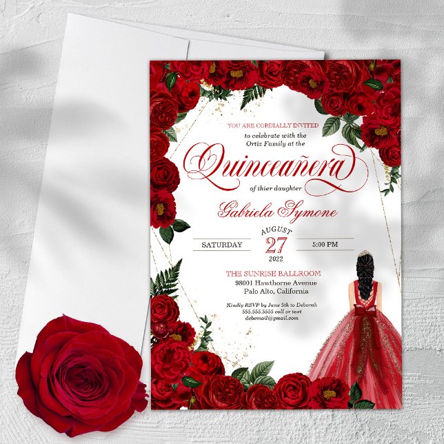 Röd ros & Guld Finare Red Boll Gown Quinceañera Inbjudningar (Skapare uppladdad)