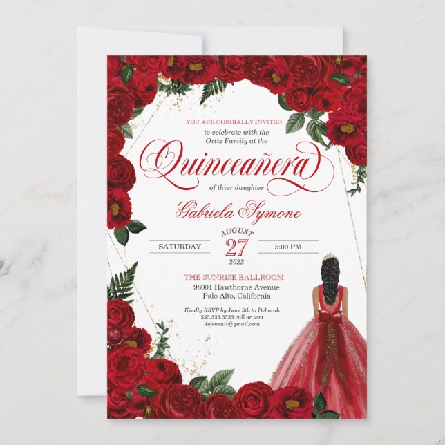 Röd ros & Guld Finare Red Boll Gown Quinceañera Inbjudningar (Framsida)