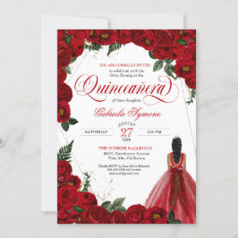 Röd ros & Guld Finare Red Boll Gown Quinceañera Inbjudningar