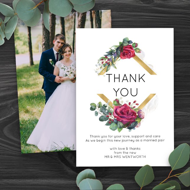 Röd ros Guld Geometric Ram Bröllop Tack Kort (Wedding photo thank you cards with floral gold frame - Red Rose and Eucalyptus Wedding Collection)