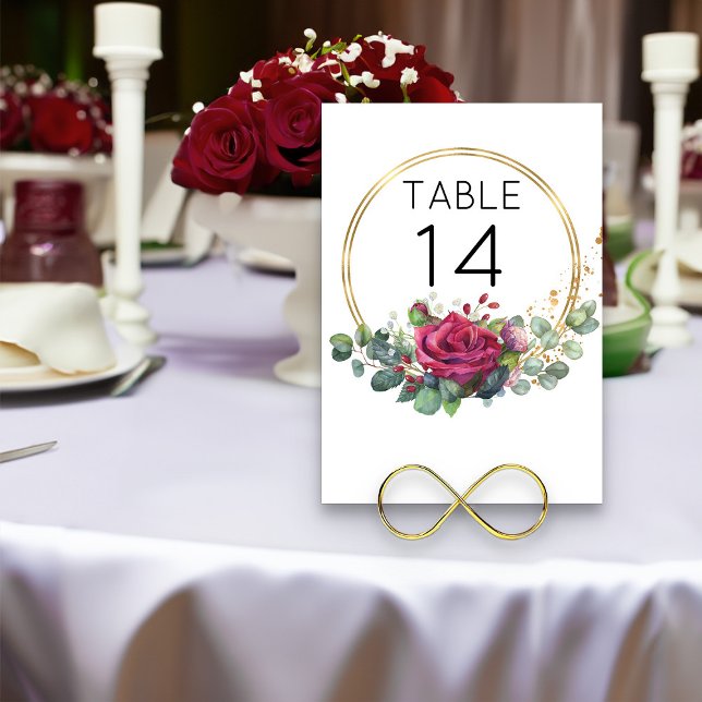 Röd ros Guld Geometric Ringar Bröllop Bordsnummer (Red and Gold wedding table number from my Red Rose and Eucalyptus Wedding Collection)