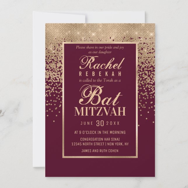 Röd ros Guld Glitter Konfetti FotoBat mitzvah Inbjudningar (Baksida)