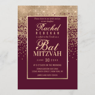 Röd ros Guld Glitter Konfetti FotoBat mitzvah Inbjudningar