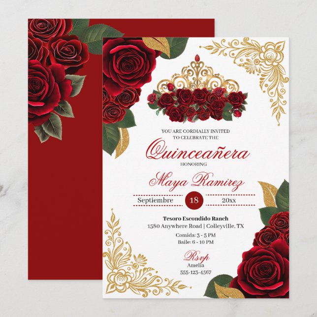 Röd ros Guld Glitter Ramar Tiara Quinceañera Inbjudningar (Fram/baksida)
