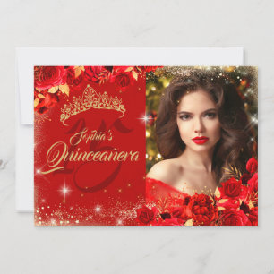 Röd Ros Guld Quinceanera Blommig Foto Inbjudningar