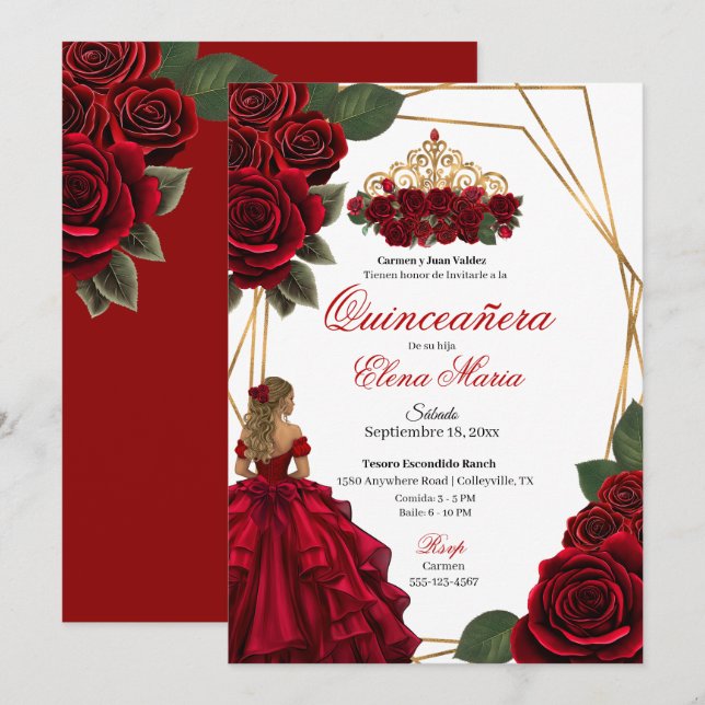 Röd ros Guld Quinceañera Inbjudningar (Fram/baksida)