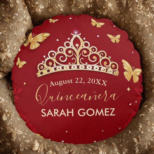 Röd ros Guld Quinceanera Rund Kudde (Skapare uppladdad)