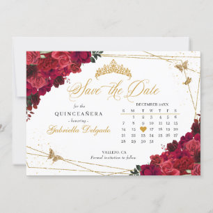 Röd ros & Guld Quinceañera Spara datum Inbjudningar