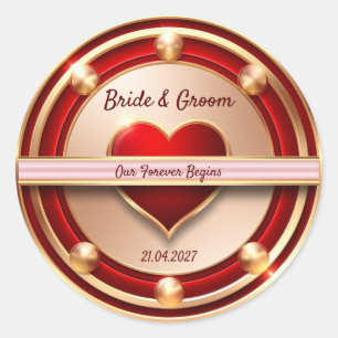 🌸 Röd Ros Guld Romantisk Bröllopstema 💖 Runt Klistermärke