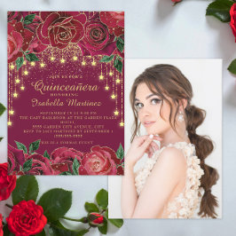 Röd ros Guld String Light Star Photo Quinceañera Inbjudningar