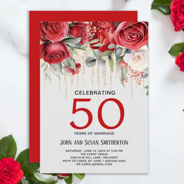 Röd ros Guld String Ljus 50-årsdagen Inbjudningar (Red roses and gold curtain string lights 50th wedding anniversary invitation)