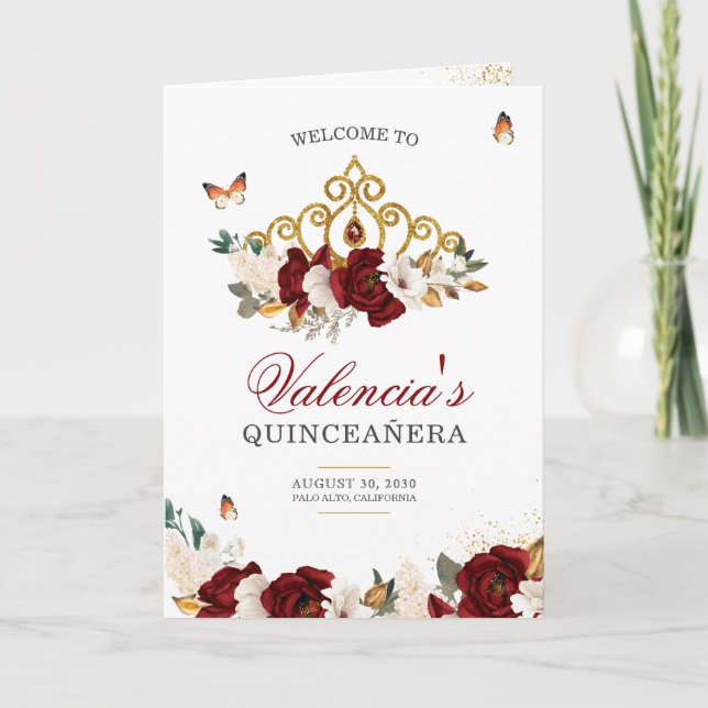 Röd ros Guld Tiara Butterfly Quinceanera Program (Framsida)