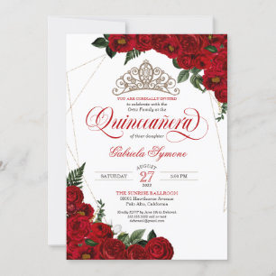 Röd ros & Guld Tiara Elegant Quinceañera Inbjudningar