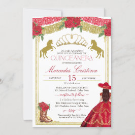 Röd ros & Guld Western Charro Dress Quinceañera Inbjudningar
