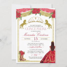 Röd ros & Guld Western Charro Dress Quinceañera Inbjudningar