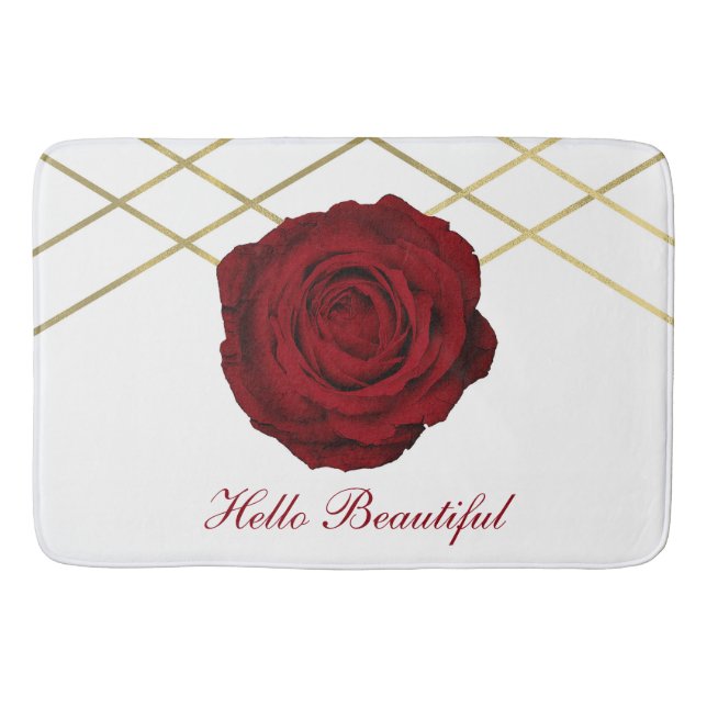 Röd Ros & Guldlinjer Blommig Chic Glam Elegant Badrumsmatta (Framsidan)
