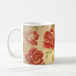 Röd ros, gult, antika blommigtar kaffemugg