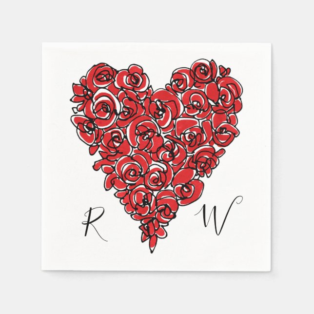 Röd ros Heart Monogram Pappersservett (Framsidan)