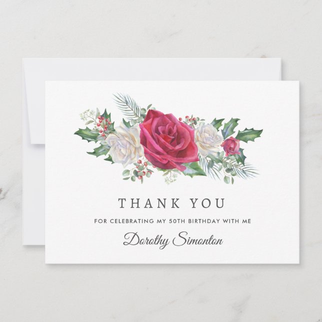 Röd ros Holly Winter 50:e födelsedag Tack Kort (Framsida)