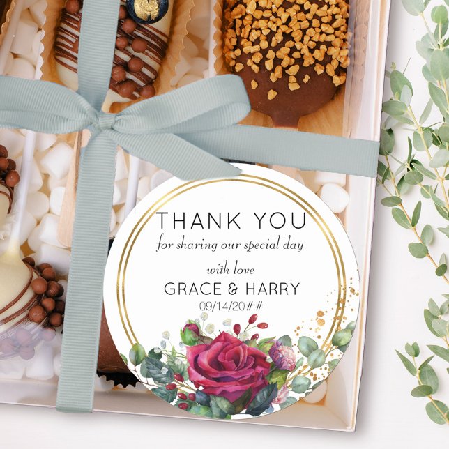 Röd ros i Guld Ringar: Bröllop för Tack Runt Klistermärke (Thank you stickers from my Red Rose and Eucalyptus collection)