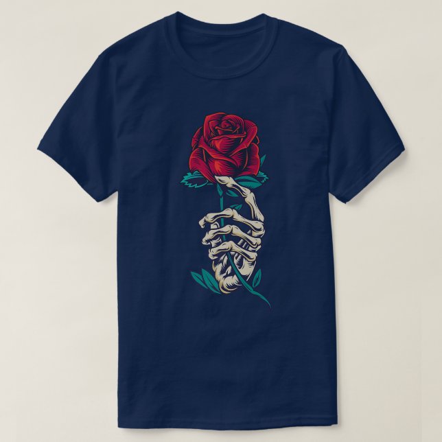 Röd ros i Skeleton Hand a Ro Tattoo T Shirt (Design framsida)