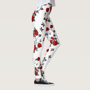 Röd ros i vitt, blommigt vektor mönster leggings
