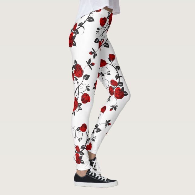 Röd ros i vitt, blommigt vektor mönster leggings (Höger)